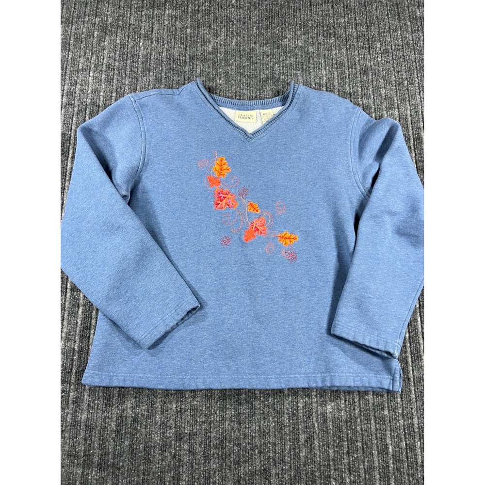 Grandma Core Sweatshirt Women M Blue Embroidered Fall Leaves Vintage Classic 90s